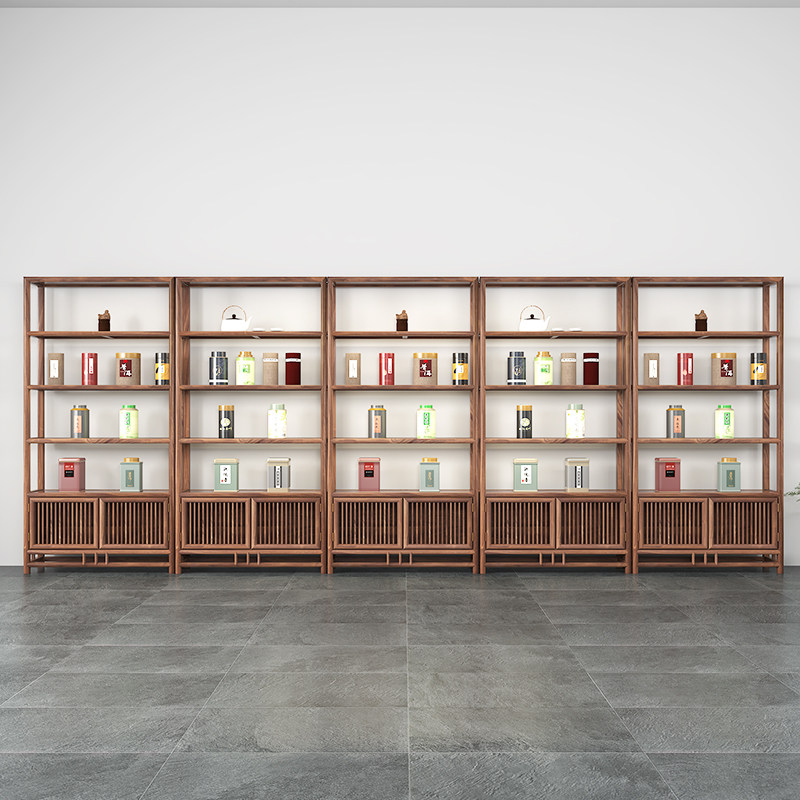 新中式茶叶架博物架隔断白蜡木博古架实木书架茶室展示置物架