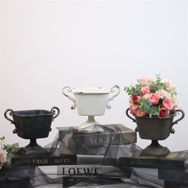 美式复古高脚花盆客厅装饰做旧插花花器铸铁双耳宽口花翁拍摄道具