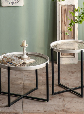 侘寂风复古铁艺双层小茶几客厅沙发边几卧室床头角几轻奢小圆桌子