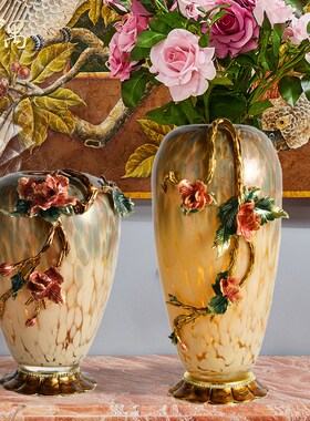 新中式鎏金琉璃花瓶摆件入户玄关客厅边几斗柜电视柜装饰乔迁礼品