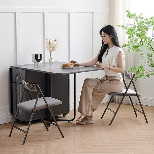 实木折叠餐桌玻璃门酒柜一体可伸缩轻奢家用小户型长方形折叠桌子