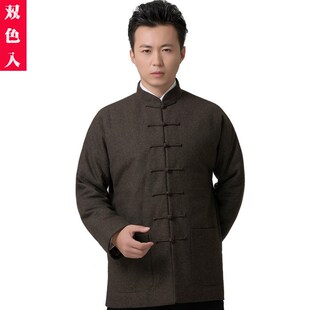 中式唐装男长袖中老年复古盘扣上衣中国风毛呢质感春秋季立领外套