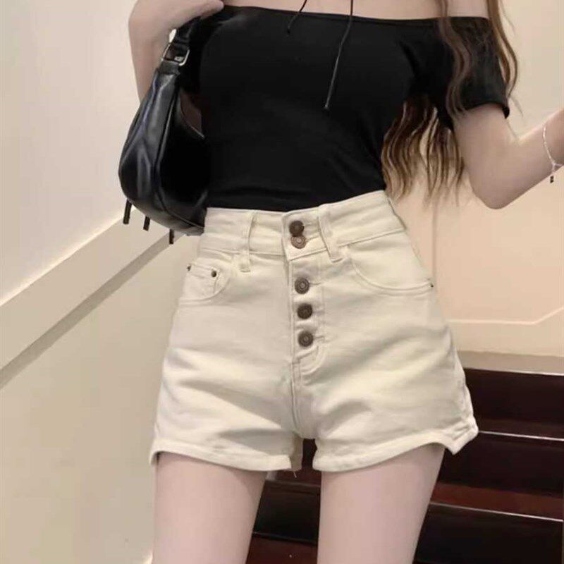 美式辣妹高腰牛仔短裤女夏季薄款小个子修身显瘦弹力a字阔腿热裤