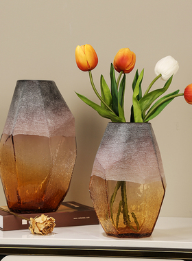 雾面磨砂冰裂纹玻璃花瓶摆件现代琉璃花器复古插花客厅干花装饰品