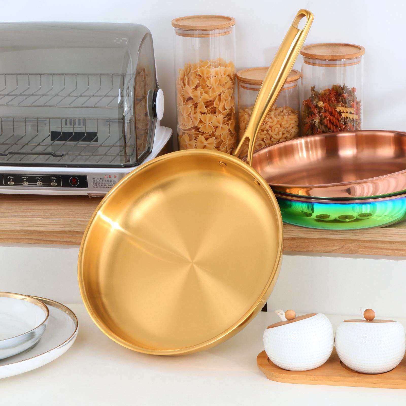 304不锈钢煎锅家用炒锅金色三层钢锅底不粘厨房平底锅通用可logo