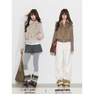 CyNi【焦糖午后】美拉德覆古毛绒拼接短款上衣假两件毛毛外套女