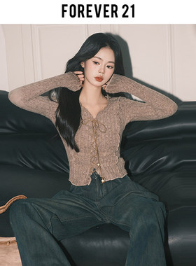Forever21卡其色气质小V领针织小开衫女修身别致长袖绑带打底上衣