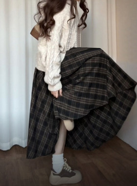 美拉德覆古格子半裙大尺码胖mm大摆裙显瘦梨型女高腰a字半身裙子