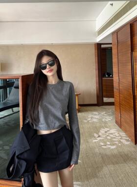 范吸吸/全棉松弛T/女装秋季2025新款打底衫短款上衣白色长袖T恤