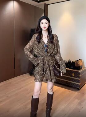 2025秋季新款韩版时尚百搭印花长袖连衣裙女宽松衬衫裙子显瘦覆古