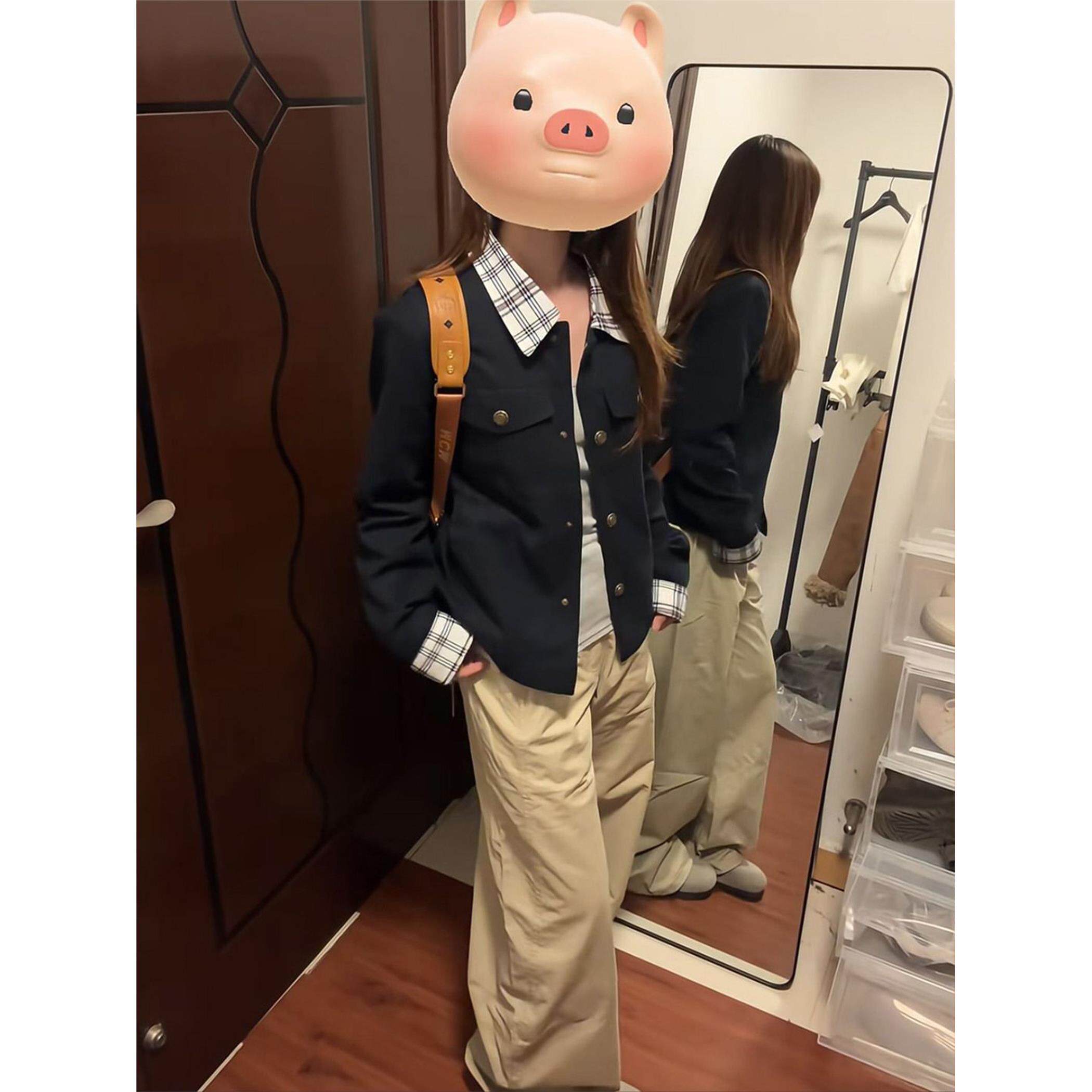 2025秋季新款藏青色格子拼接翻领夹克外套女秋冬宽松开衫短款上衣