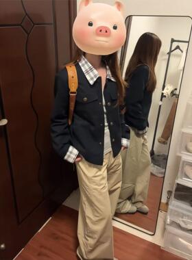 2025秋季新款藏青色格子拼接翻领夹克外套女秋冬宽松开衫短款上衣