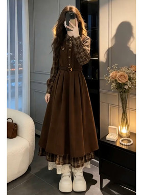 法式美拉德假两件衬衫连衣裙子女春季2026新款学院风收腰显瘦长裙
