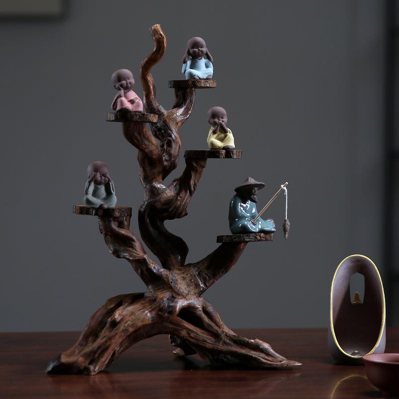 新中式茶室摆件创意博古架工艺品办公室玄关桌实木底座禅意装饰品