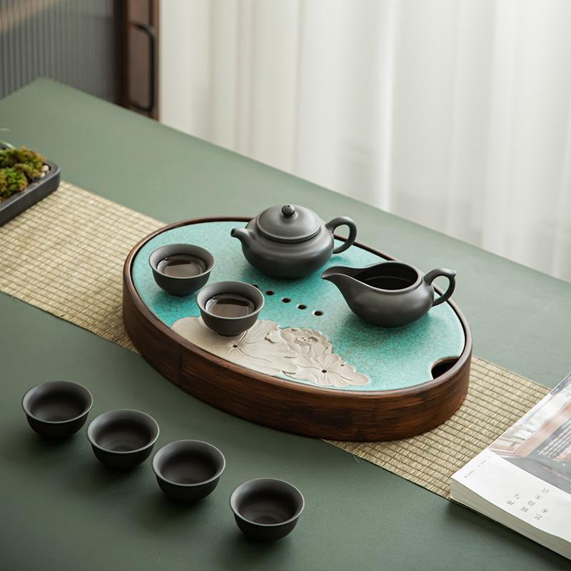 蓄水茶盘竹制陶瓷干泡盘孔雀绿茶海茶台家用简约茶托盘阳台小茶台