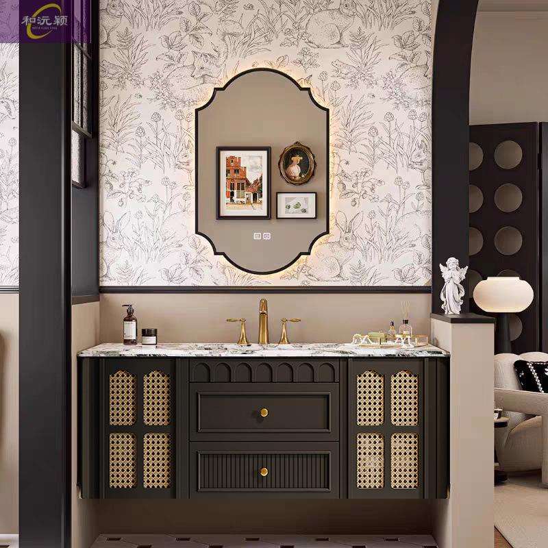 橡木藤编美式浴室柜法式复古组合卫生间洗手池陶瓷一体盆洗漱台盆