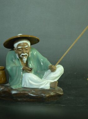陶瓷工艺品人物摆设 石湾公仔石上老翁 家居饰品假山喷泉招财摆件