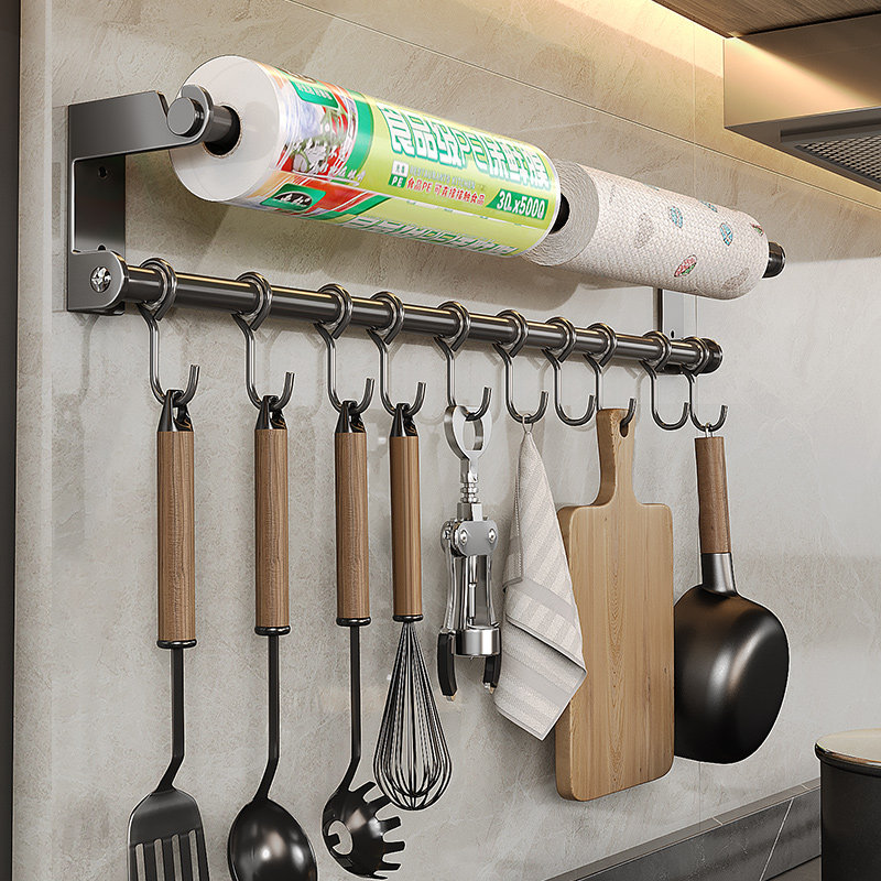 免打孔厨房挂钩架挂杆壁挂多功能厨具挂架勺子铲子V纸巾毛巾置物