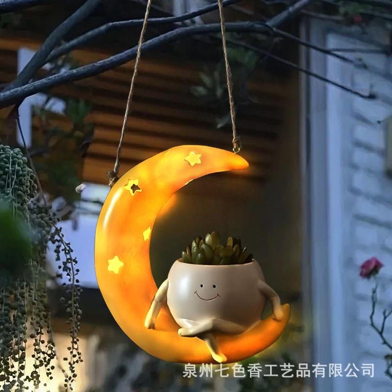 太阳能灯悬挂月亮花盆雕像灯户外庭院花园装饰氛围灯跨境热卖新品