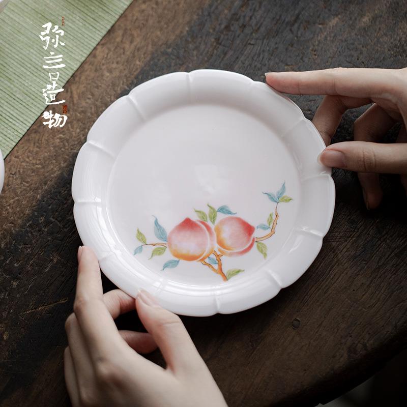 弥言手绘桃子壶承手工陶瓷花口干泡盘单层茶盘盖碗茶壶垫茶道配件