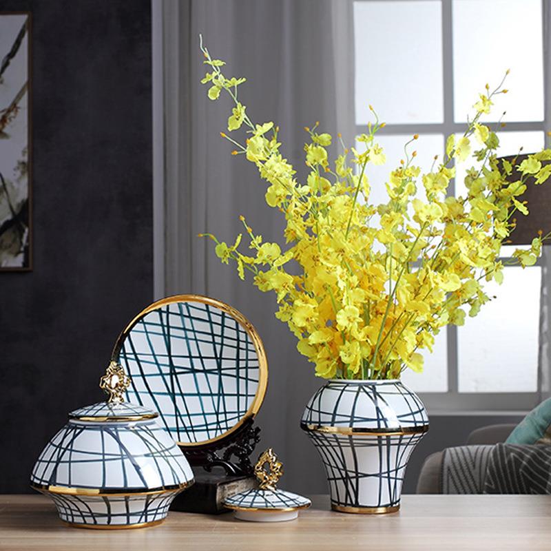 三件套带盘陶瓷花瓶摆件中式家居装饰客厅储物罐电视柜