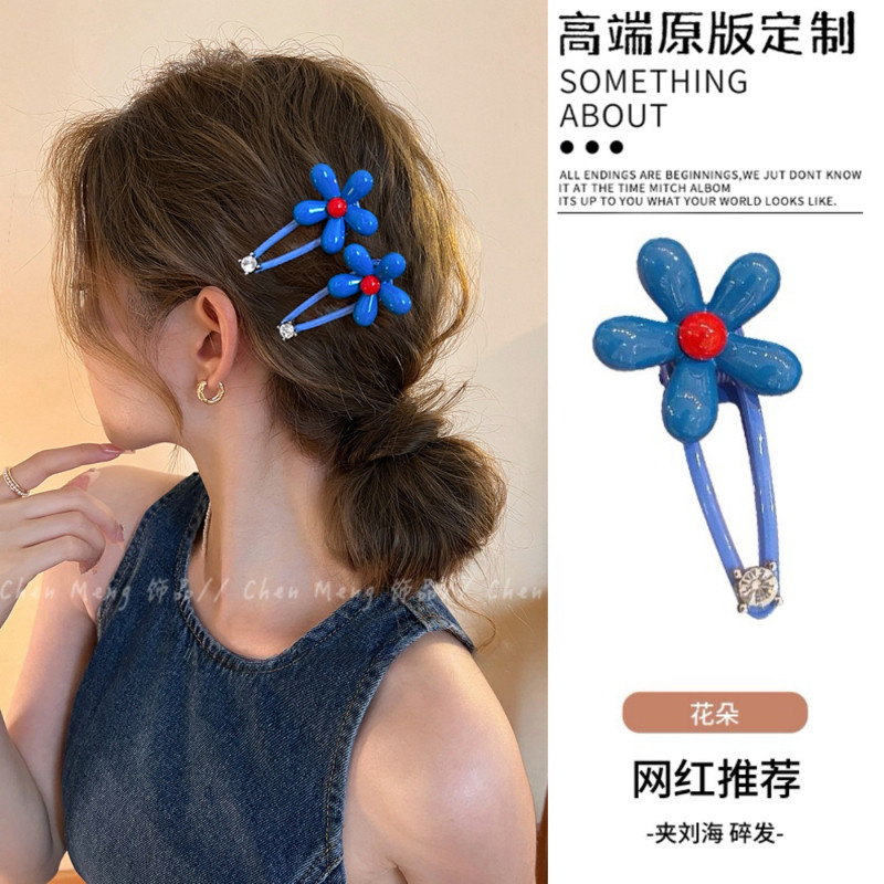 韩国新款蓝色花朵边夹发夹女2025新款高端甜美侧边刘海鸭嘴夹发卡