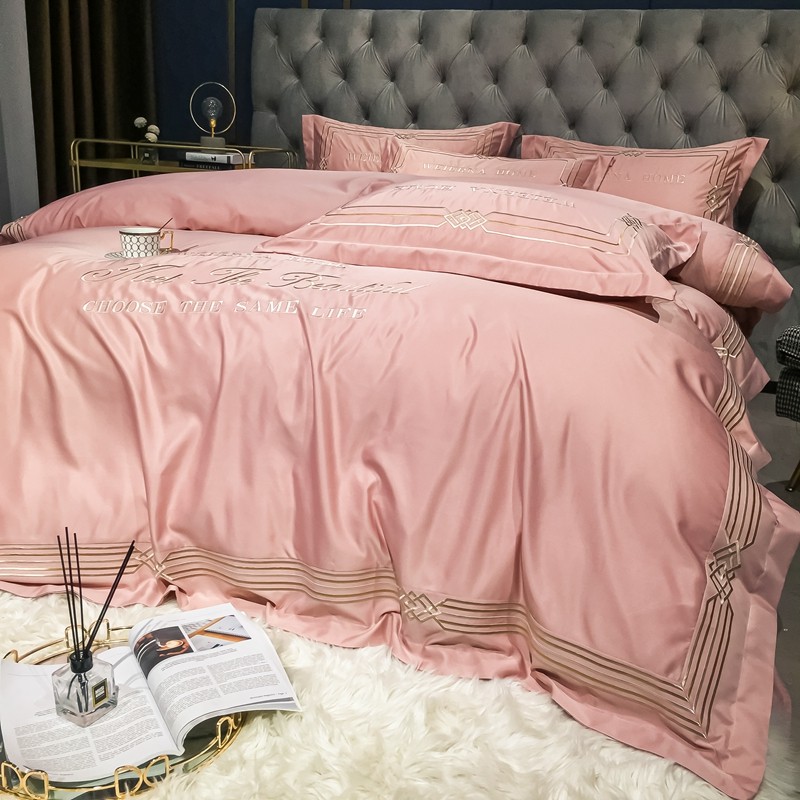 加厚水洗棉四件套60支天丝棉被套刺绣欧式网红款T裸睡床单床笠床