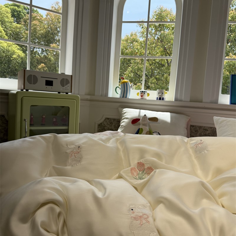 60支天丝凉感丝滑莱赛尔纤维小兔郁金香F四件套1.5m1.8米床单被套