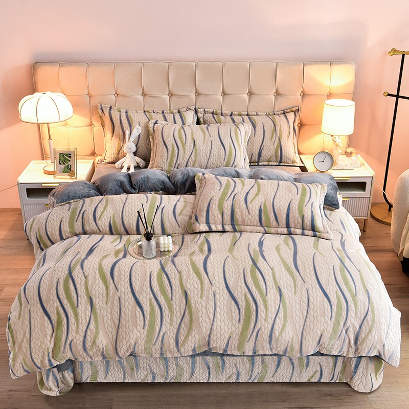 6D雕花绒牛奶绒被套o四件套加厚保暖珊瑚绒法兰绒被罩床单床上用