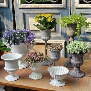 欧式高脚杯花盆感花器小器古典奖杯铁艺高级摆件插花民宿客厅餐桌