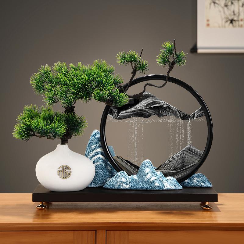 茶室玄关禅意新装饰品流沙创意沙漏画迎客客厅装饰公室办公迎客松