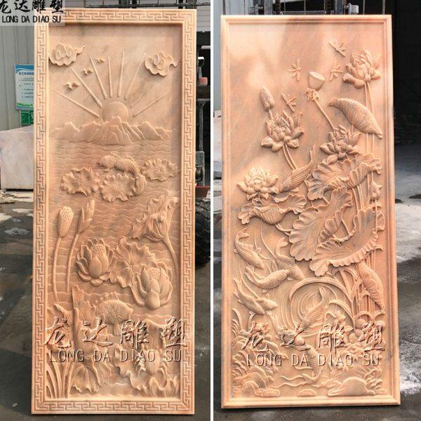 石雕浮雕年年有余竖款壁画大理石雕刻荷花鲤鱼屏风地雕庭院背景墙