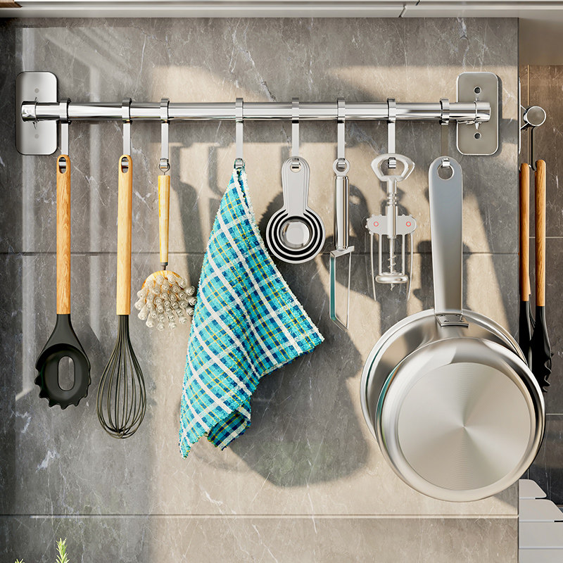 厨房挂钩挂c杆304不锈钢免打孔勺子铲子收纳挂架免钉墙上置物架