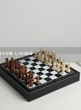 欧式复古黑d白格国际象棋摆件样板间客厅书房博古架棋盘装饰工艺