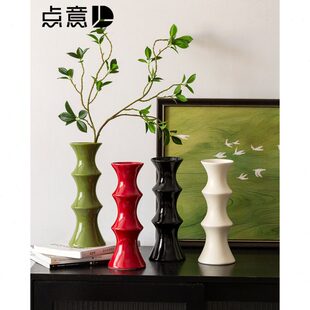 书房长条桌干花口面花瓶插花干枝装饰圆柱形窄竹筒感陶瓷高级水养