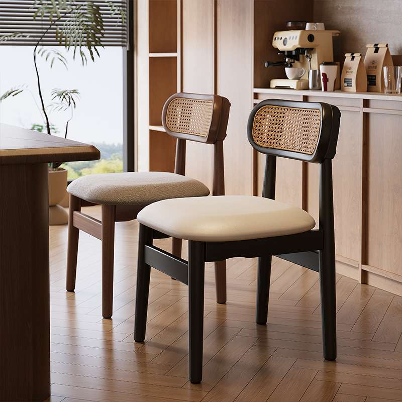 中古风实木餐椅家用黑色藤编椅子法式高级复古轻奢靠背餐桌椅