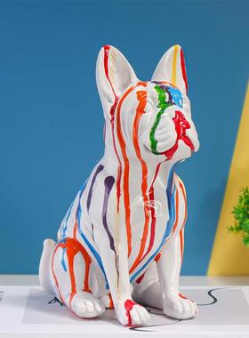 跨境欧式水转印流彩动物树脂摆件家居客厅玄关装饰斗牛犬工艺品