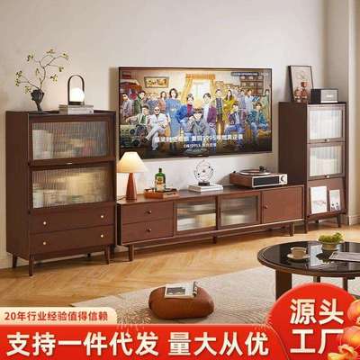 2025新款中古风实木电视柜收纳储物柜一体客厅家用卧室落地高柜