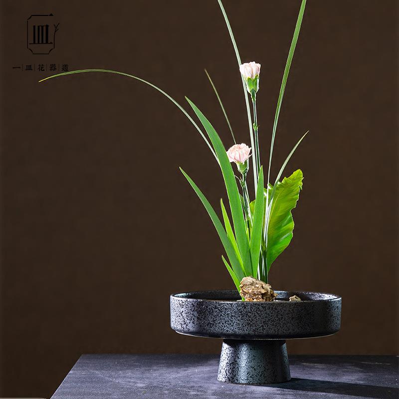 高脚花器小原流池坊文人插花艺日式花道陶瓷黑色器皿禅意花盘