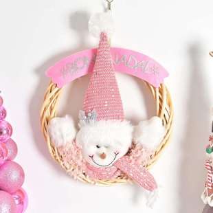 跨境新品热销圣诞节可爱雪人藤条粉色系花环圣诞节庆装饰品