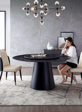 意式新款德利丰极简板椅组合圆餐桌转盘家用小户型北欧现代饭桌