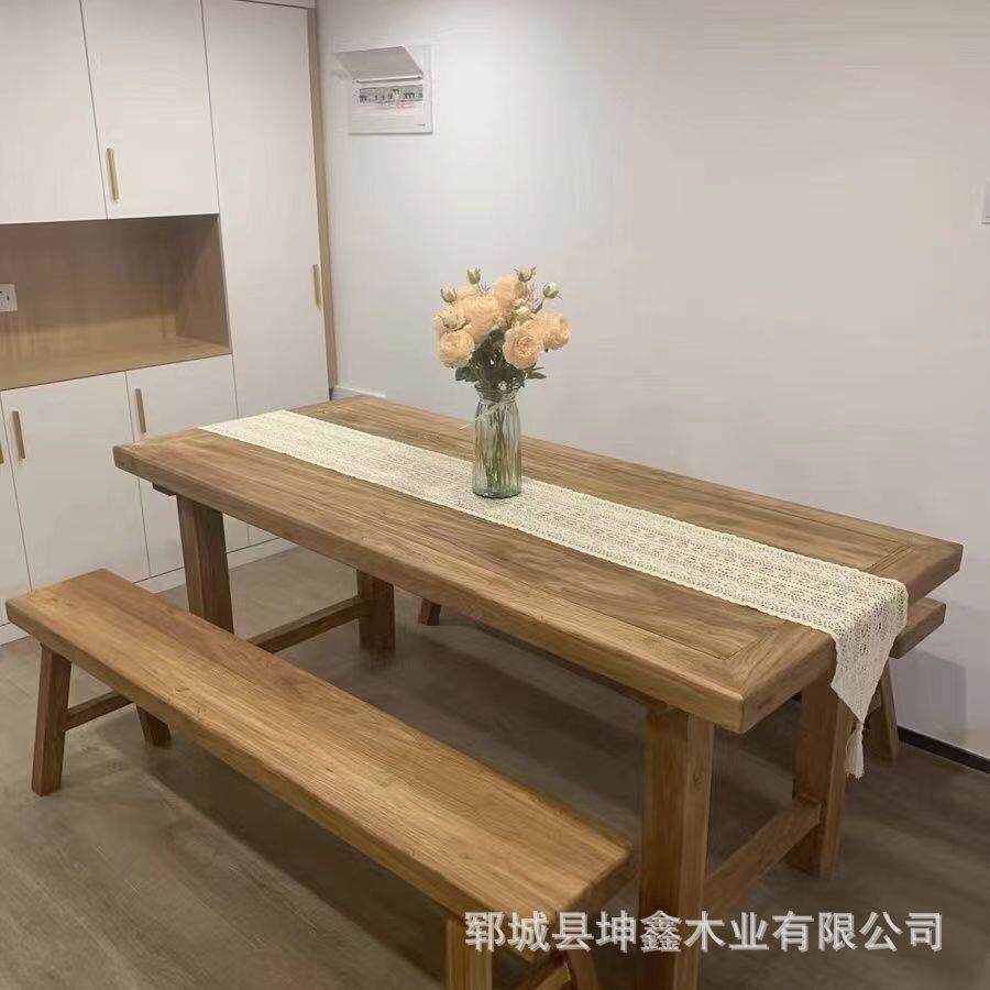 家用老榆木桌椅实木榆木桌子餐桌风化原木茶台做旧桌子桌椅组合