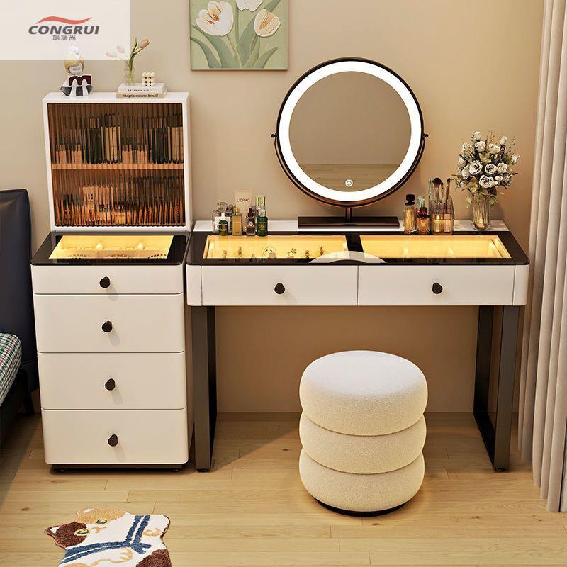 2025现代简约爆款奶油风全实木梳妆台桌斗柜收纳一体全景氛围灯