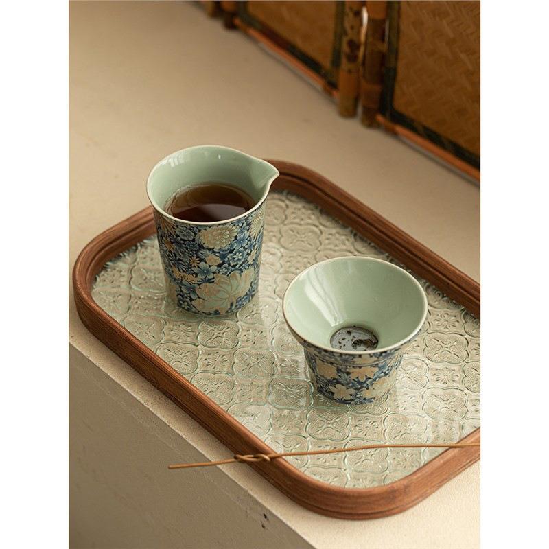 汝窑繁花公道杯三件套茶漏茶滤分茶器茶滤网一体陶瓷公杯茶具配件