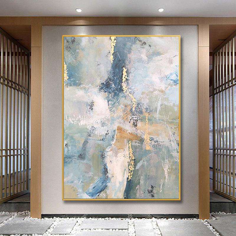 手绘油画抽象金箔蓝色客厅玄关装饰画现代轻奢入户走廊过道挂画