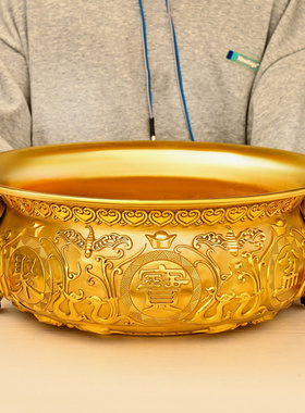 纯铜聚宝盆摆件大号中式香炉客厅店铺玄关L桌面装饰存钱罐开业送