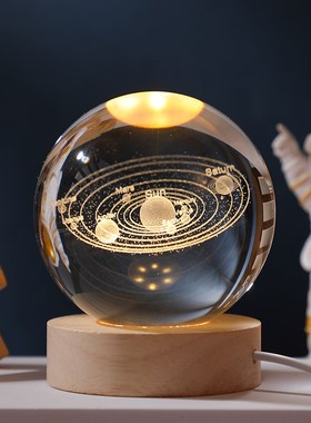 发光水晶球桌面h摆件创意太阳系月球玻璃球装饰小夜灯新年生日礼
