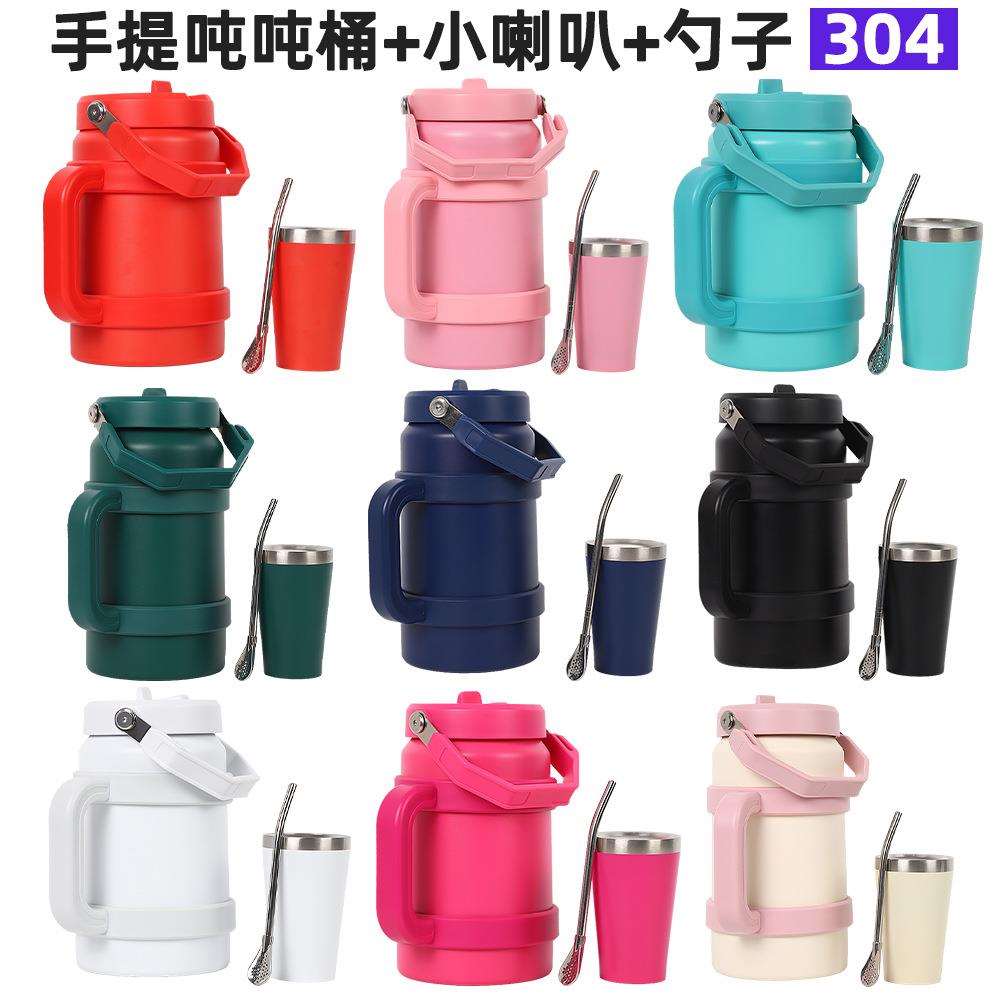 跨境304不锈钢保温壶户外登山带手柄吨吨桶套装大容量运动咖啡杯