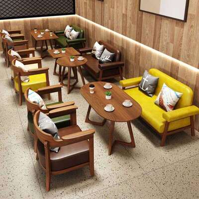 复古咖啡厅洽谈简约休闲接待区书吧餐厅甜品奶茶店实木沙发椅组合