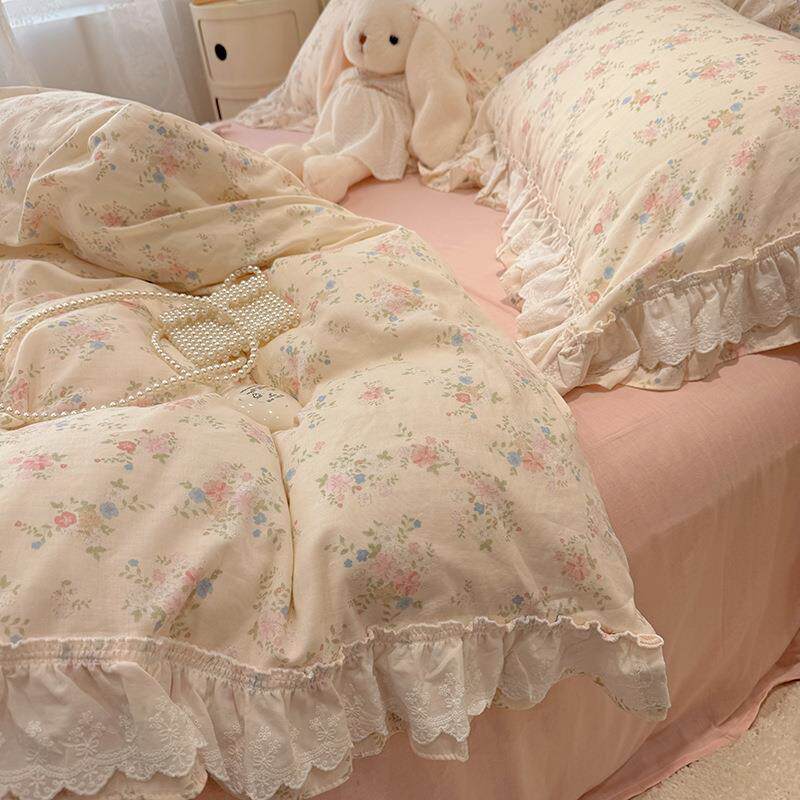 仙女款荷叶边全棉双层纱四件套公主风纯棉被套少女心床裙1.8m床品